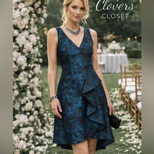 London Times Teal Floral Fit & Flare Dress Size 14 V Neck